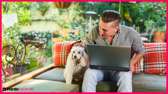 Man on laptop with dog